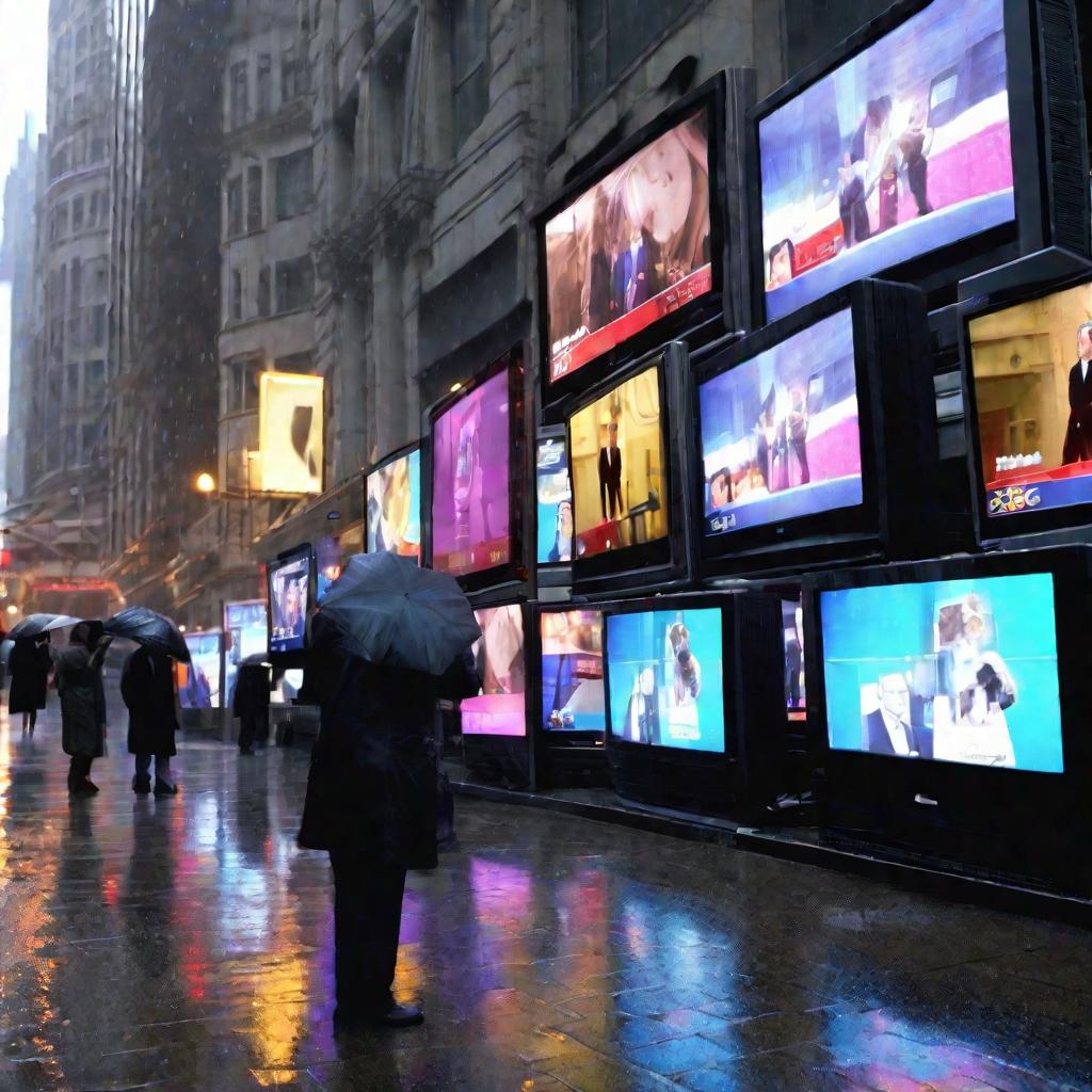 Люди смотрят в витрину магазина на цифровые телевизоры