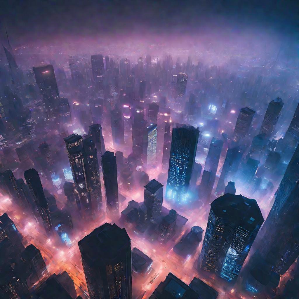 Футуристический город в синем тумане на закате