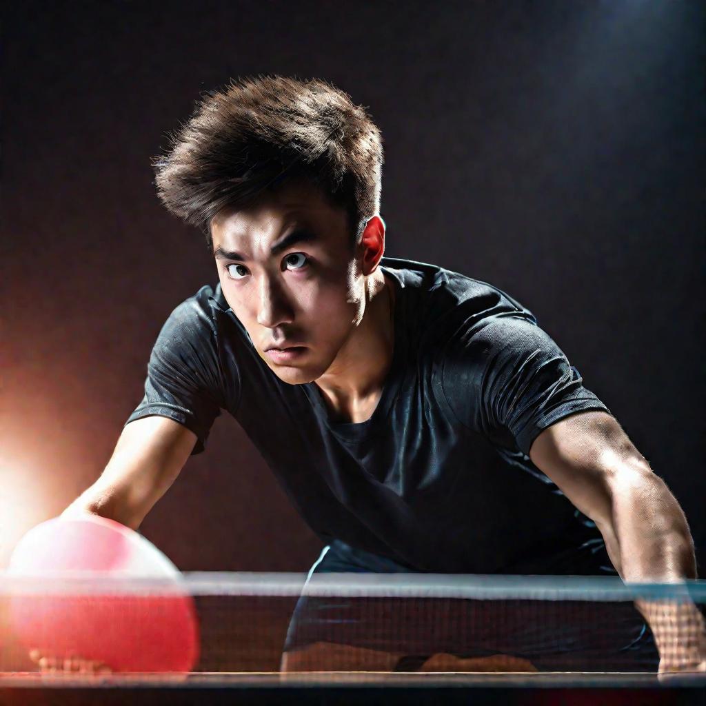Портрет молодого человека, играющего в настольный теннис. Он сосредоточен на мяче.