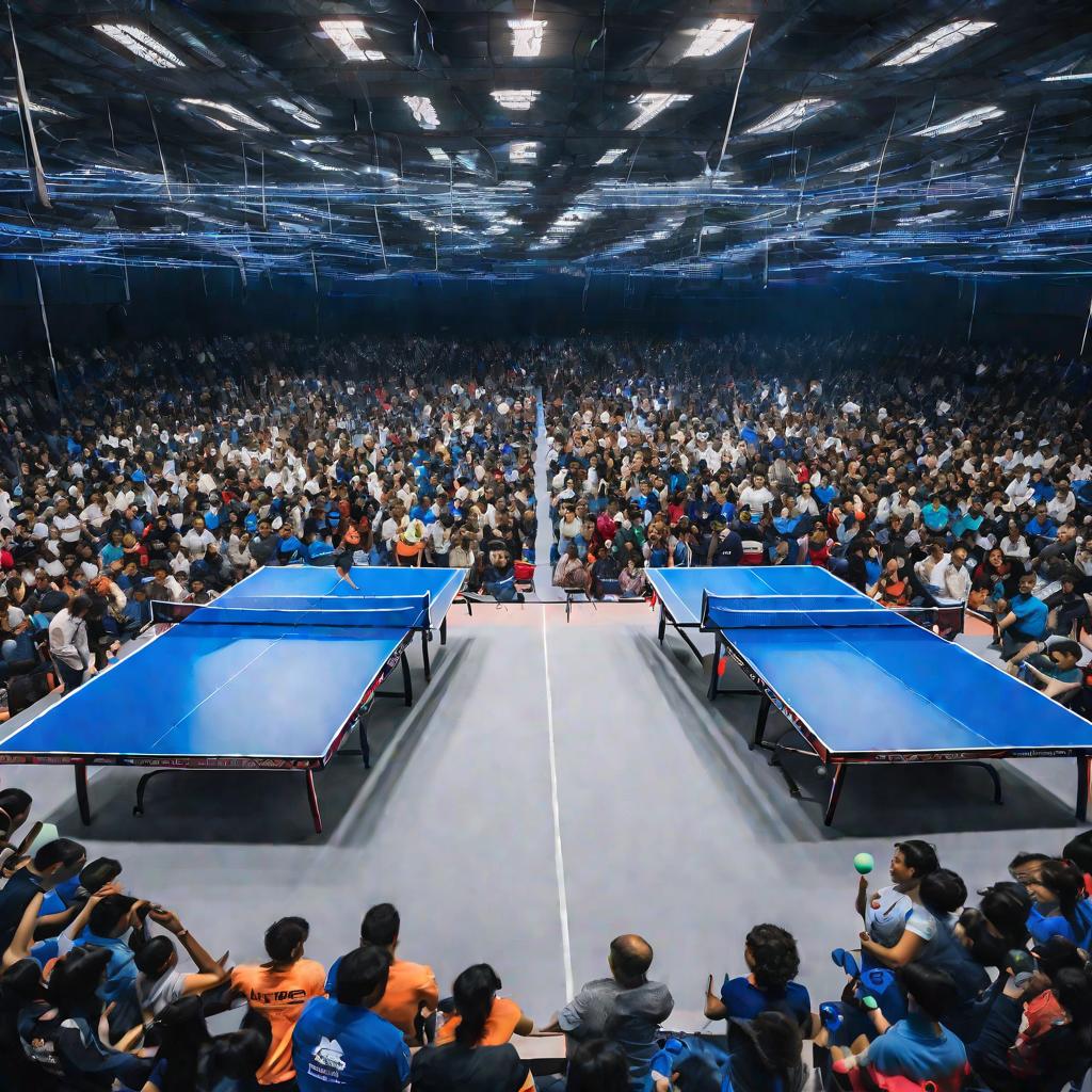 Вид сверху на одновременно идущие матчи в рамках турнира по настольному теннису.