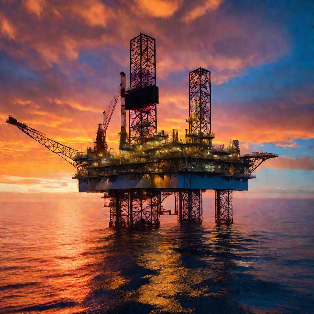 Морская нефтяная вышка на восходе солнца
