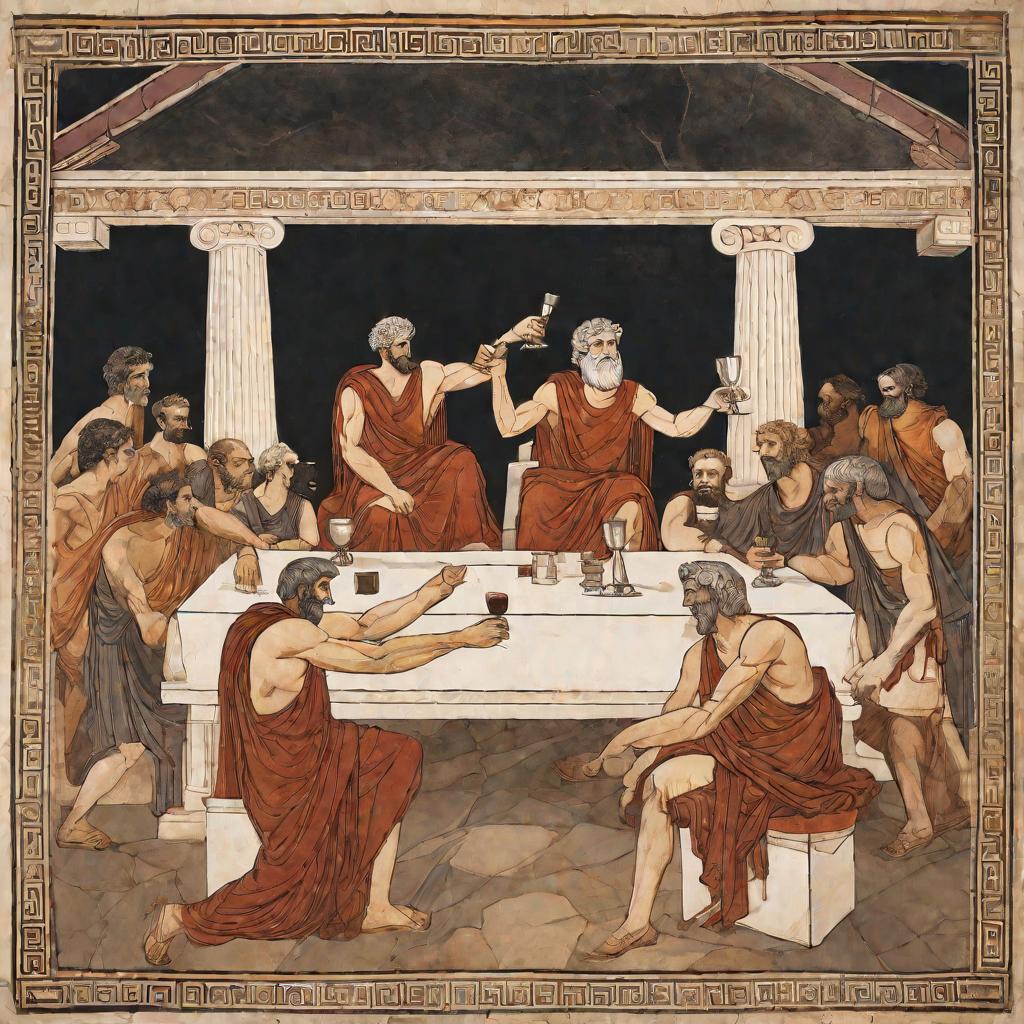 Древнегреческие философы на симпозиуме спорят при свете ламп