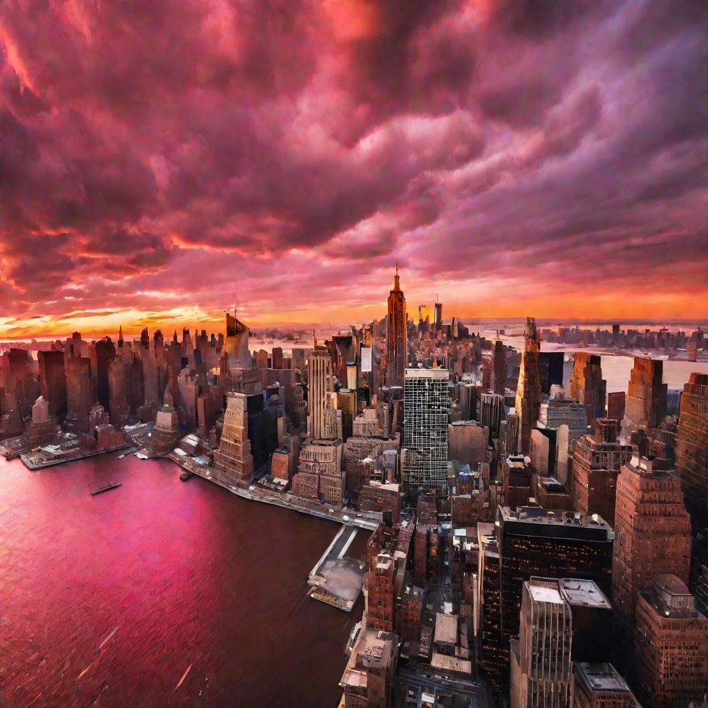 Панорама небоскребов Манхэттена на закате