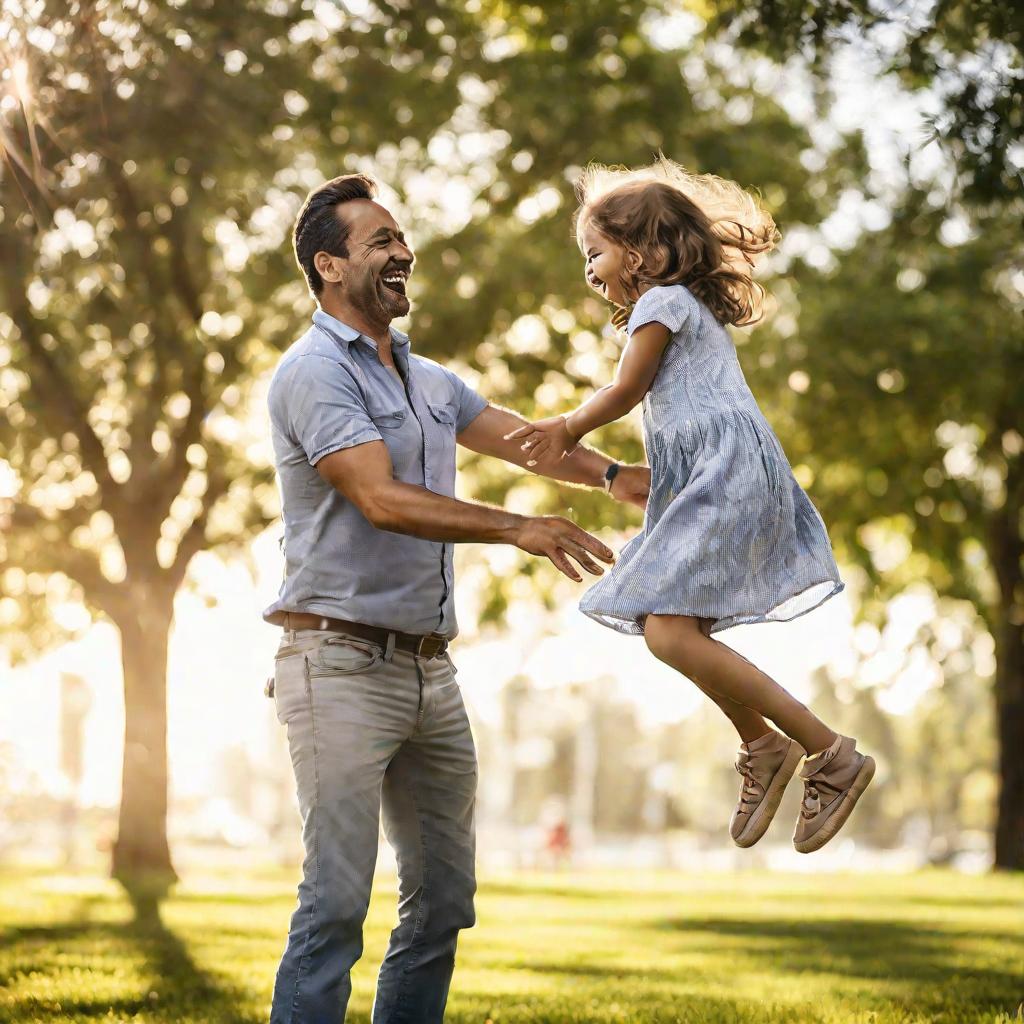 Отец играет с дочерью в парке