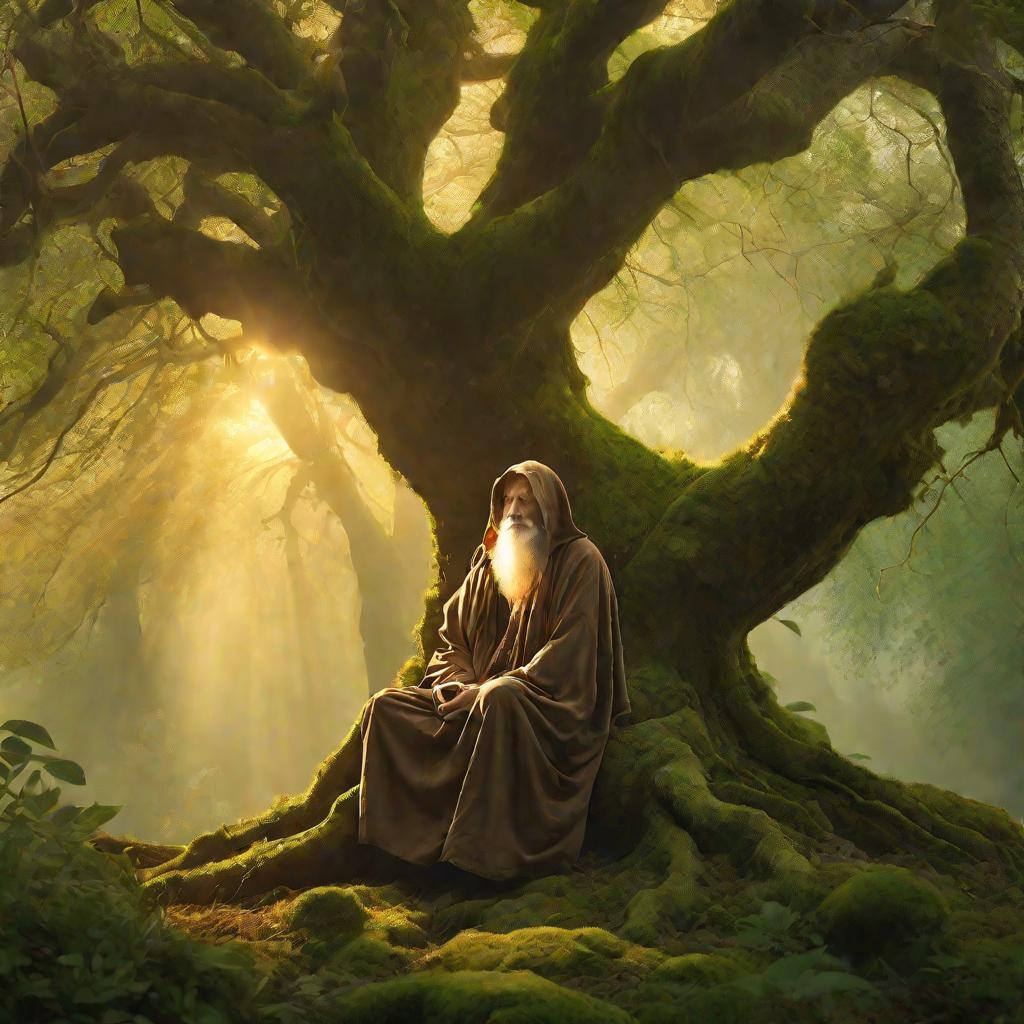 Отшельник медитирует в лесу