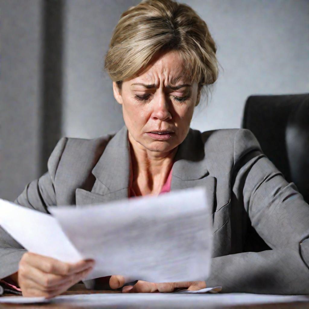 Женщина средних лет в костюме с обеспокоенным лицом читает письмо о банкротстве ее компании