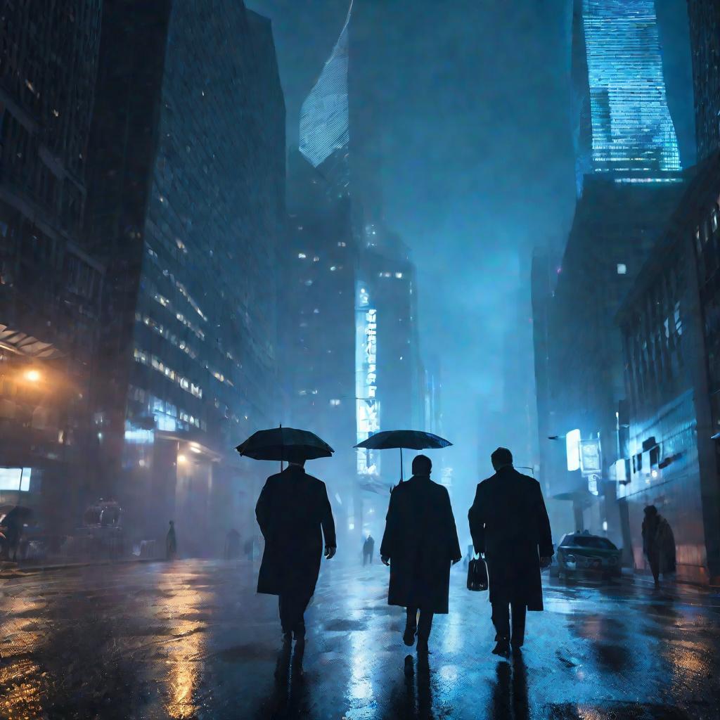 Двое людей в пальто идут по темным улицам финансового квартала города на фоне неоновых огней