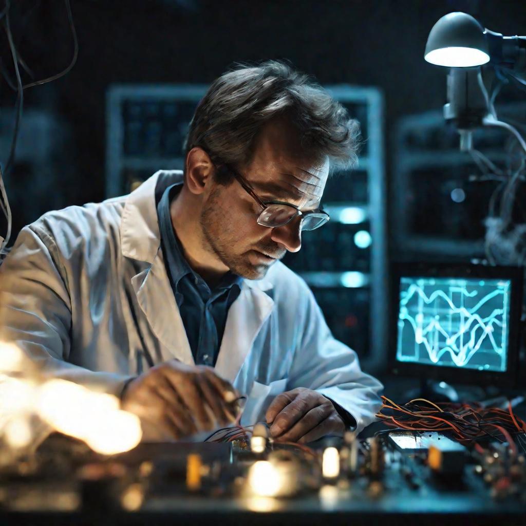 Портрет ученого с электрической схемой в лаборатории.