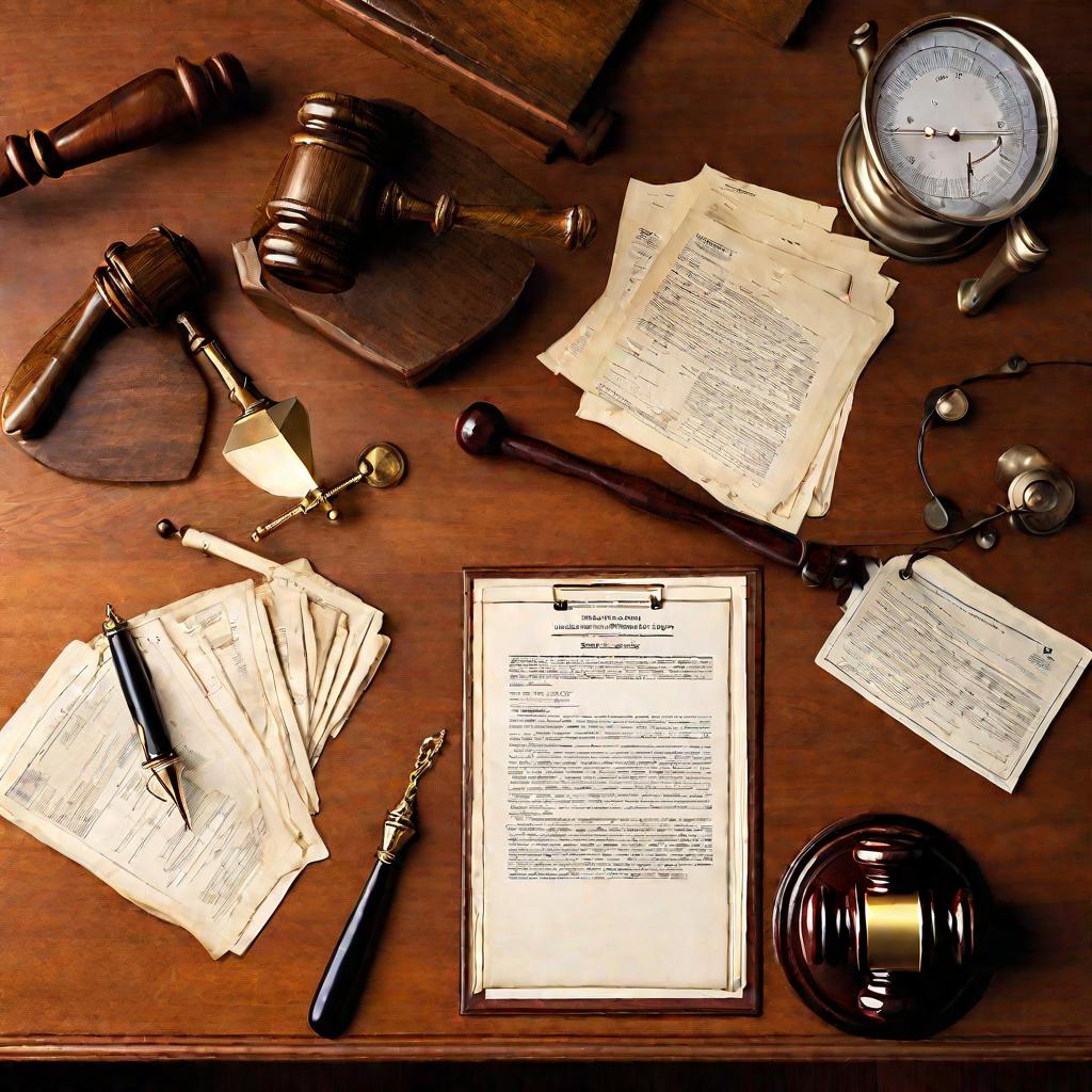 Стол с судебными документами и атрибутикой при боковом освещении