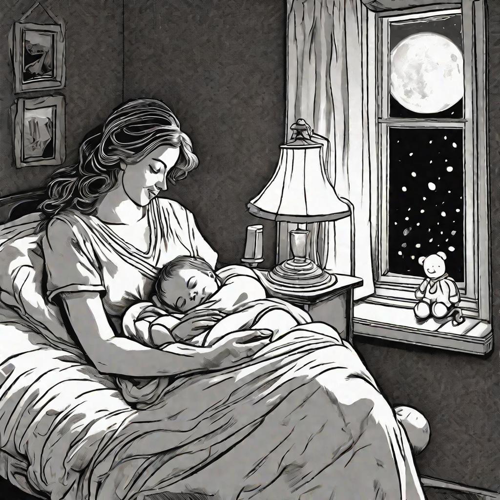 Успокаивающая ночная сцена в спальне, тепло освещенная настольной лампой и лунным светом, проникающим в окно. Мать сидит на стуле, нежно укачивая спящего младенца на руках. Мать с любовью смотрит на ребенка с легкой улыбкой, излучая чувство покоя, уюта и 