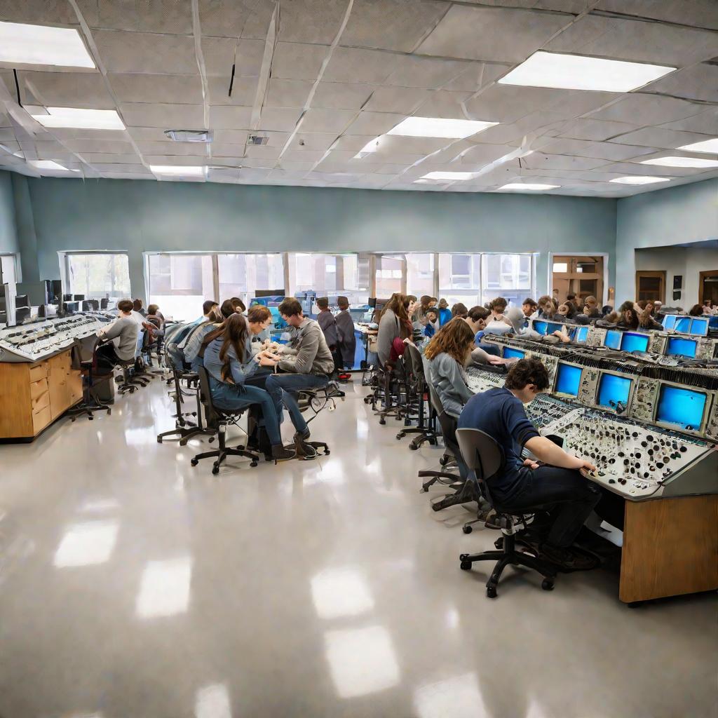 Лаборатория электроники университета, студенты изучают операционные усилители