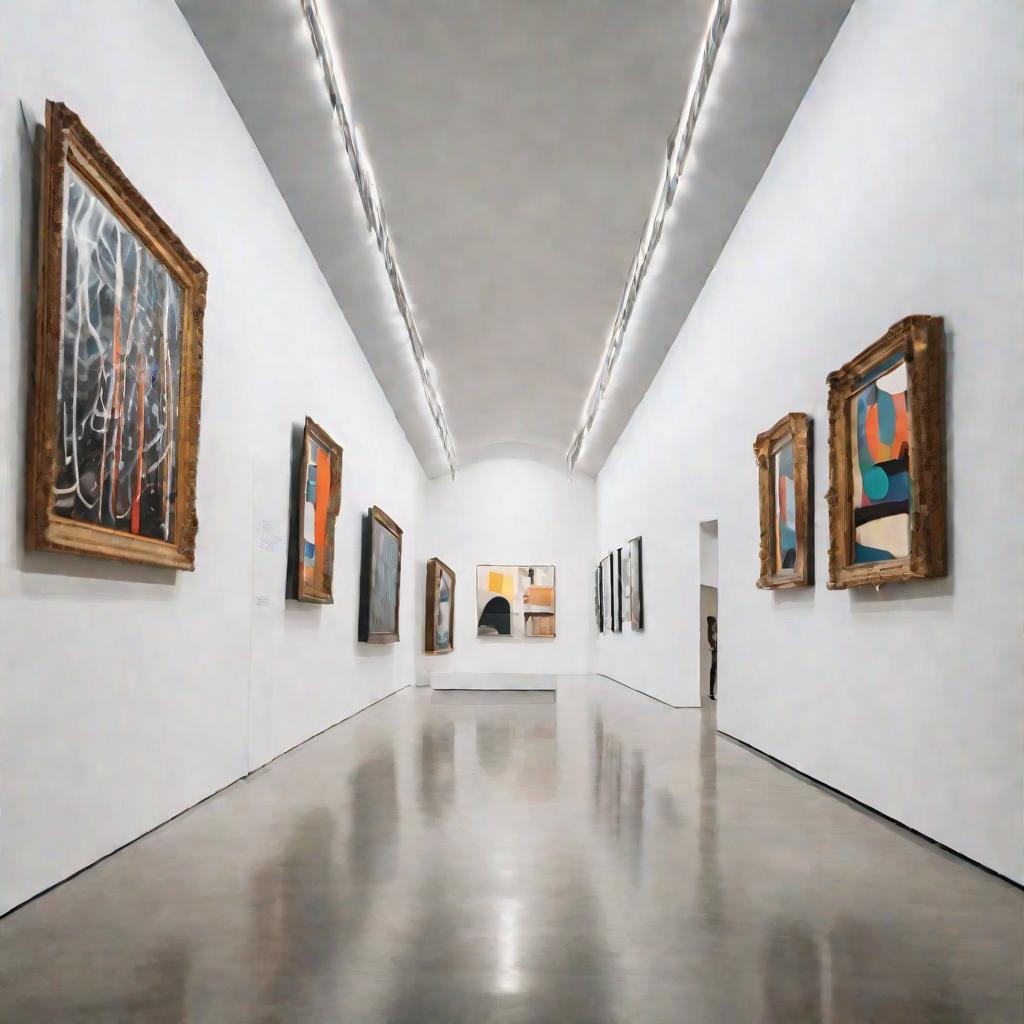 Широкий обзорный вид на галерею современного музея с высокими потолками в минималистическом стиле, необычные авангардные скульптуры и картины под ярким светом на белых стенах