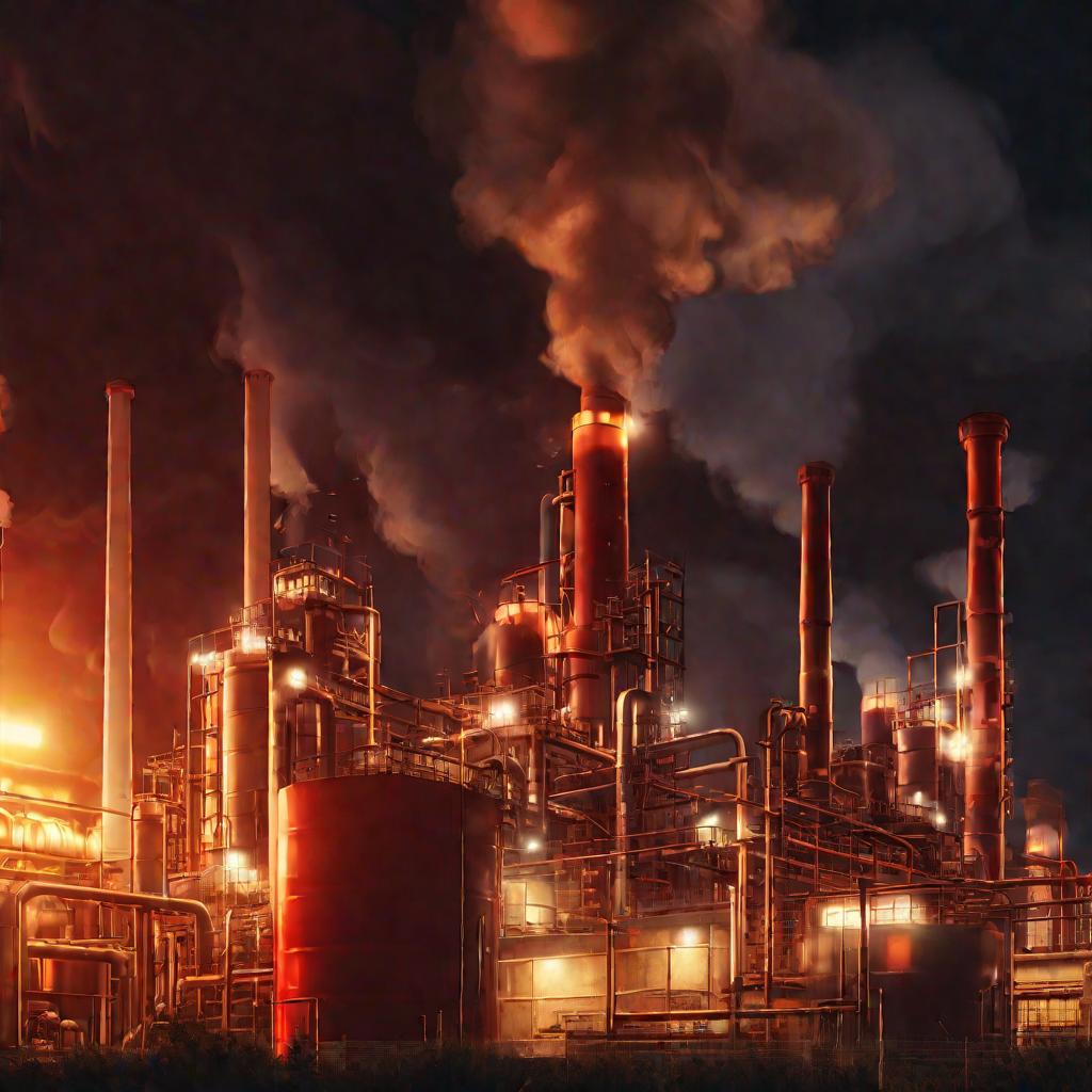 Промышленные выбросы завода ночью