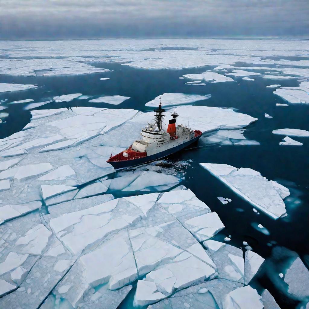 Пограничный корабль в Арктике среди айсбергов на рассвете