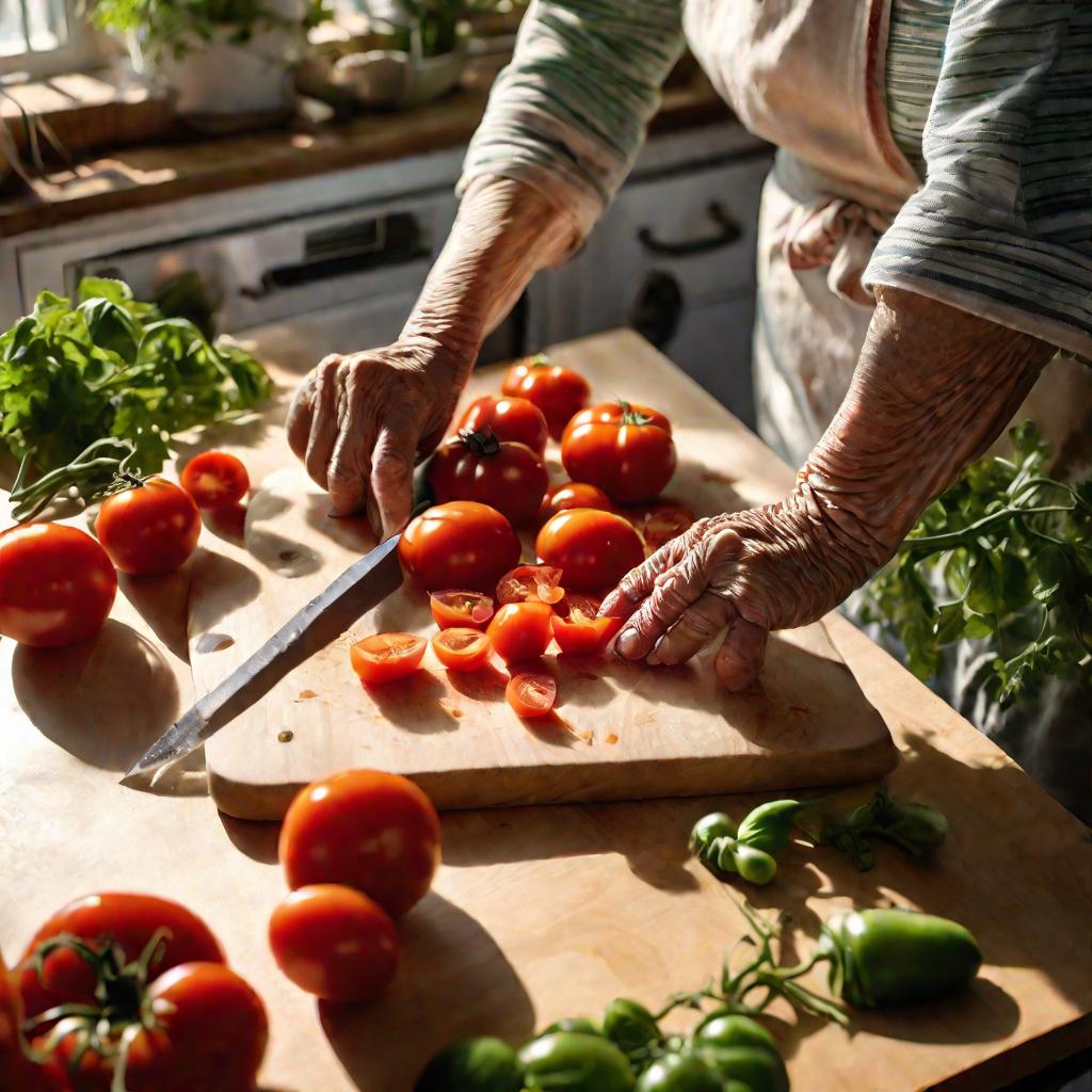Бабушка режет помидоры на светлой кухне