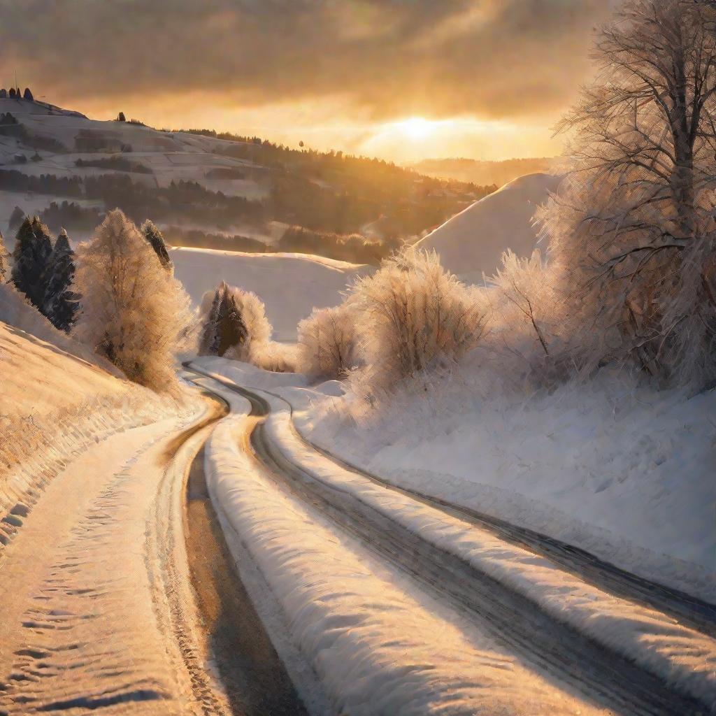 Зимний закат над заснеженной дорогой в деревне.