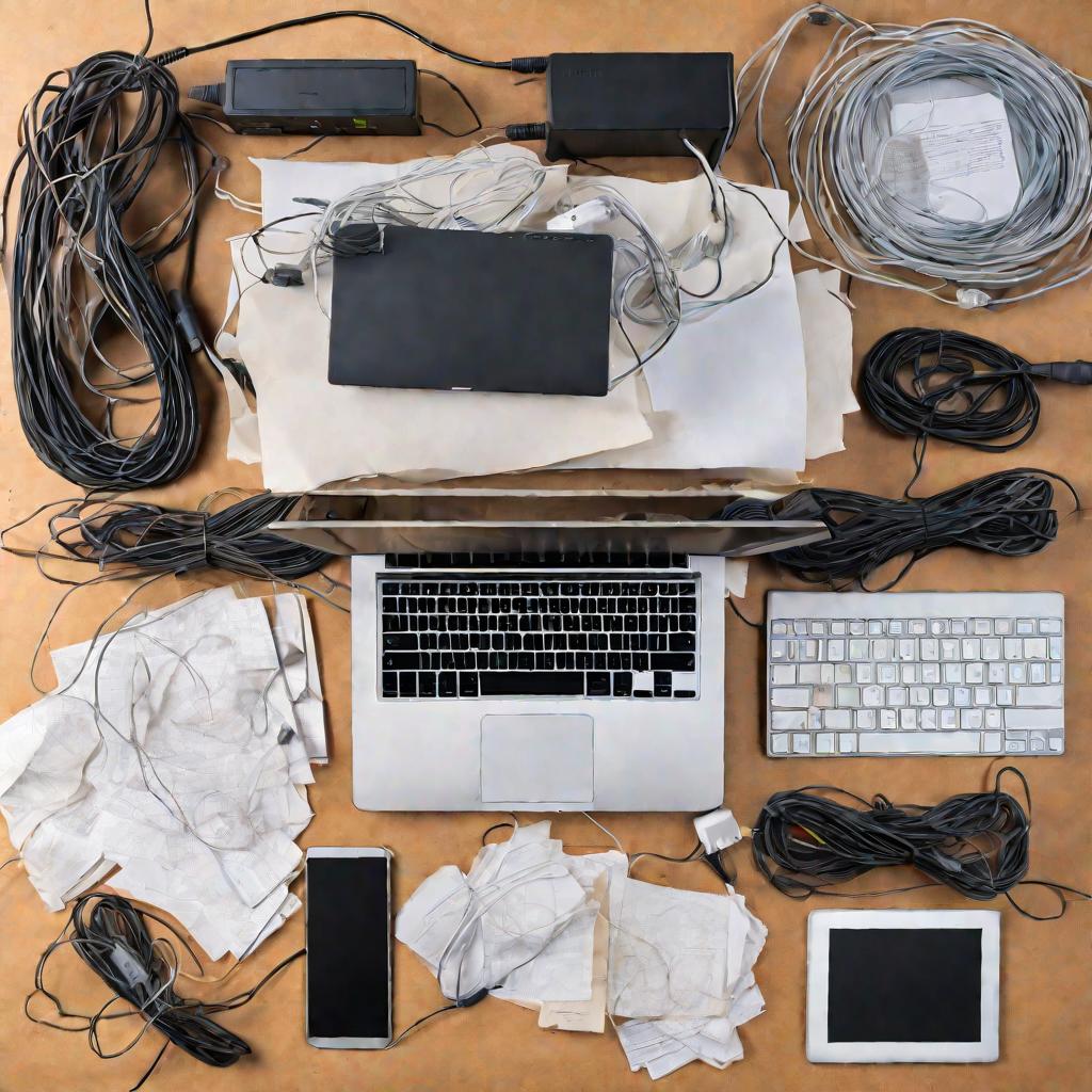 Беспорядок на рабочем столе с ноутбуком и проводами