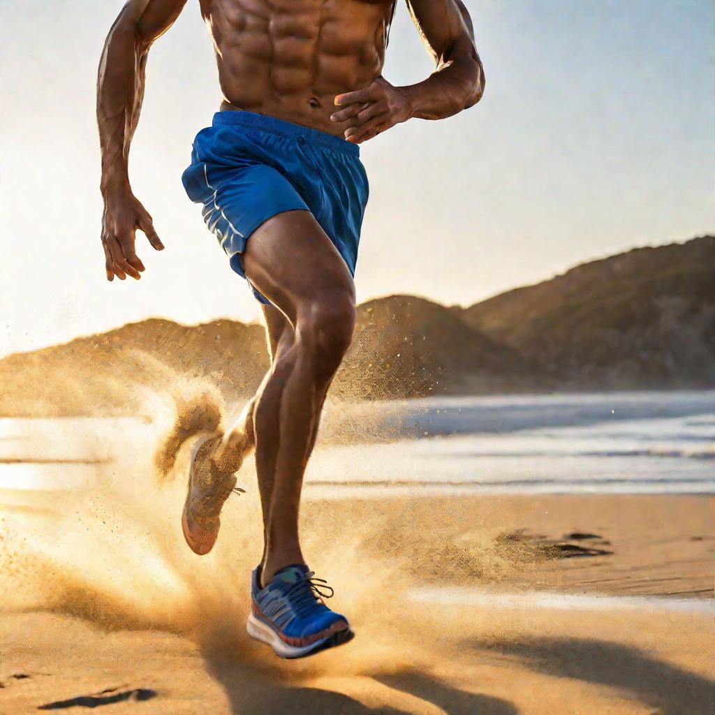 Ноги спортсмена во время бега по пляжу на рассвете