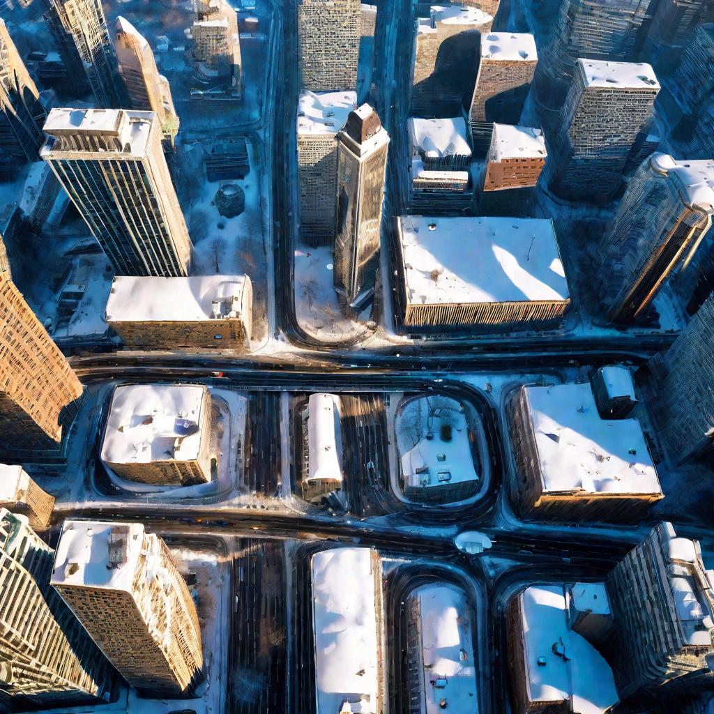 Заснеженный зимний город с машинами и небоскребами