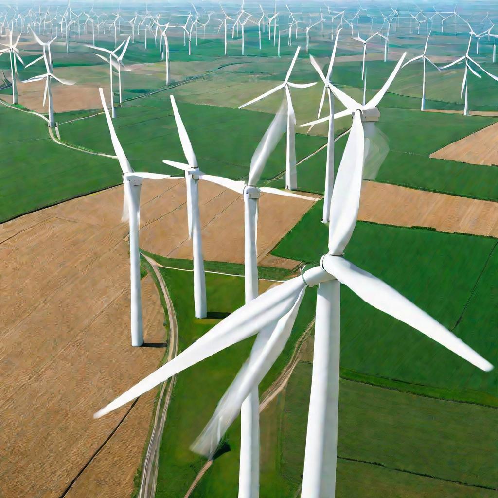 Вид сверху на большую современную ветряную электростанцию с множеством белых медленно вращающихся ветряных турбин на зеленом поле под ярким голубым небом с несколькими облаками. Ветряные турбины расположены рядами, уходящими к горизонту. Между рядами прох