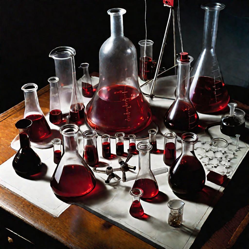 Лабораторный стол с колбами и пробирками с бромом