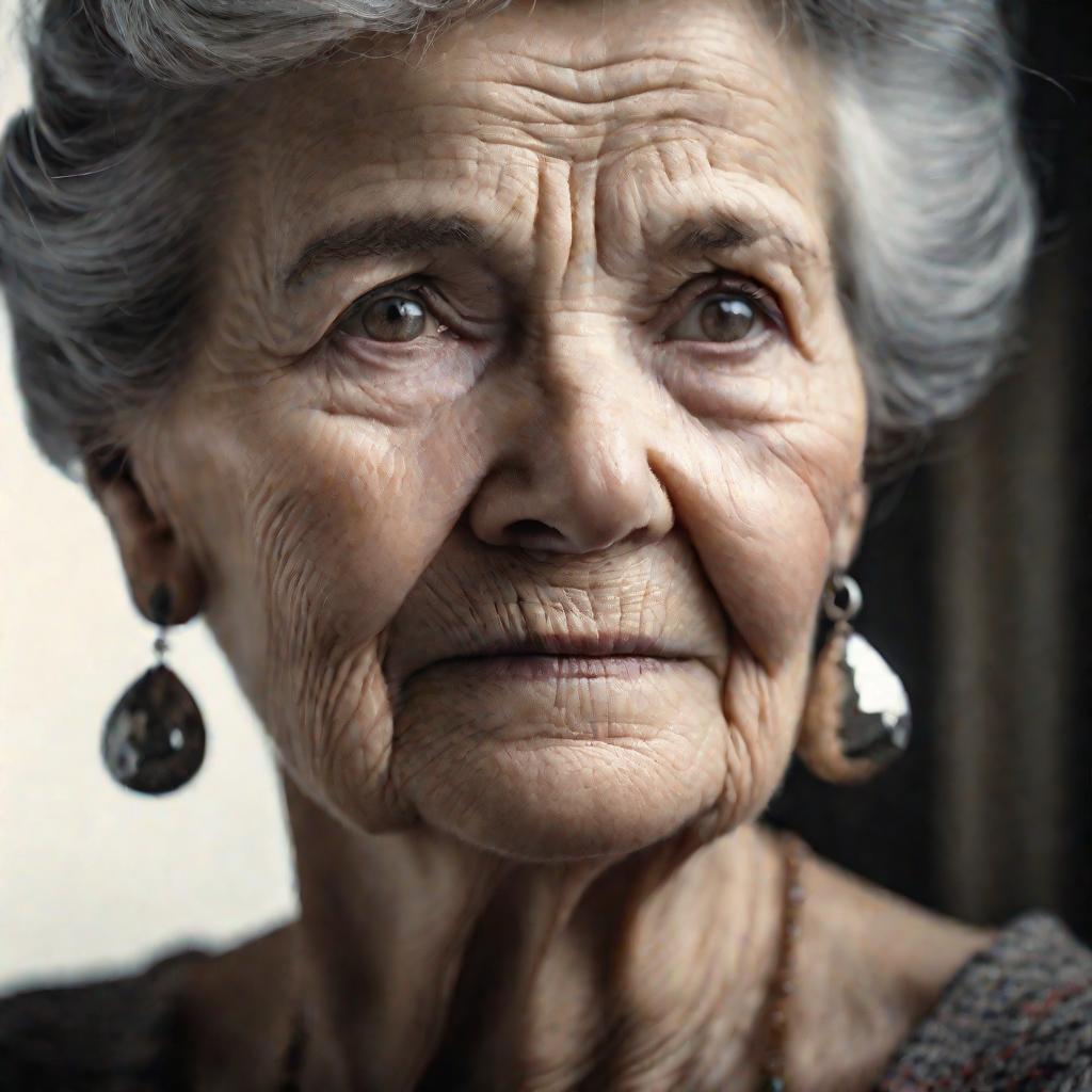 Портрет пожилой женщины в почерневших серебряных серьгах
