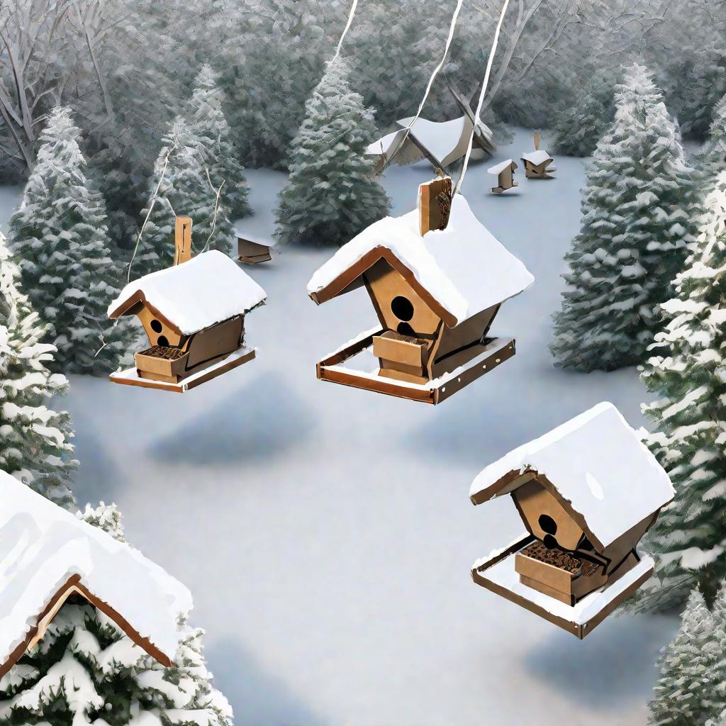 Подробная фотография с высоты птичьего полета самодельных кормушек из коробок, шишек и веток, развешенных на снегу в хвойном лесу.