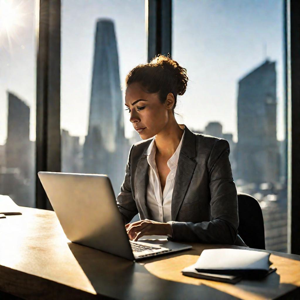 Женщина работает на ноутбуке днем в офисе