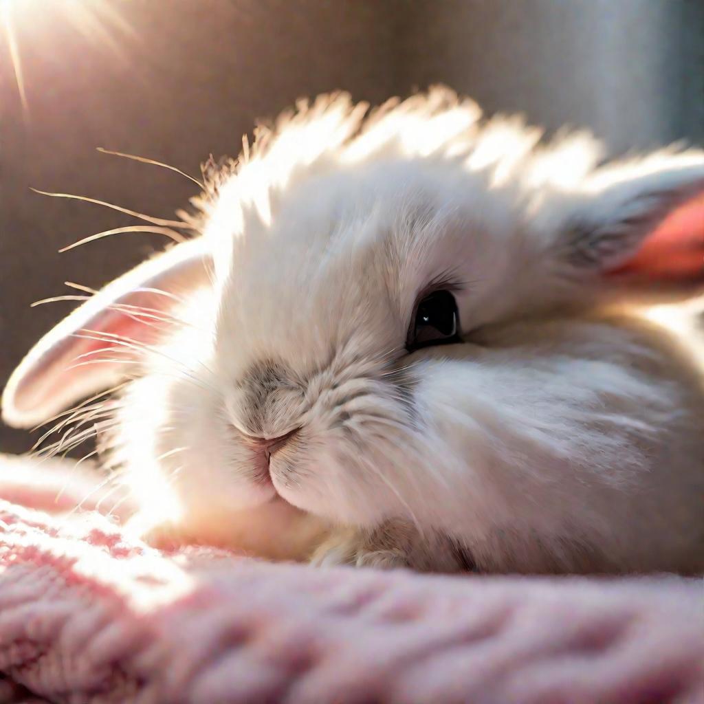 Маленький белый крольчонок на одеяле