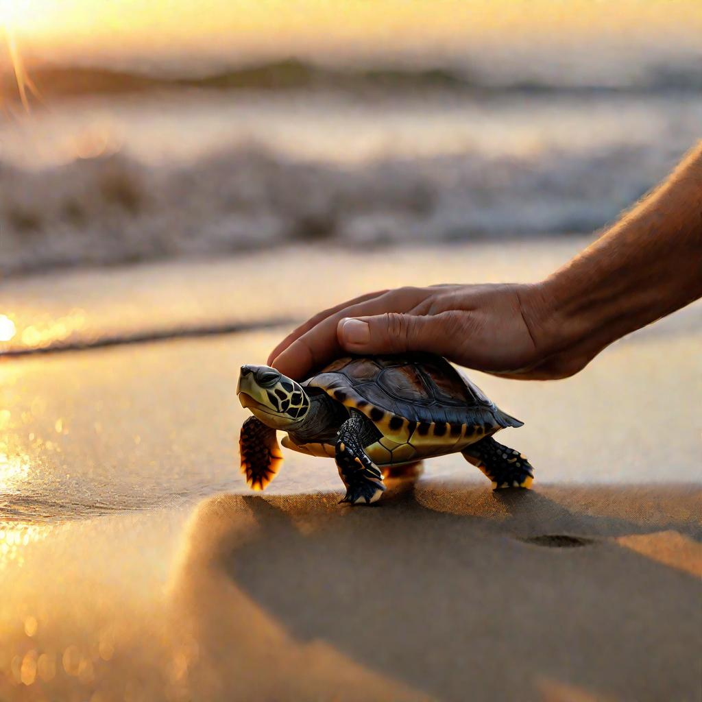 Выпуск маленькой черепахи на берег