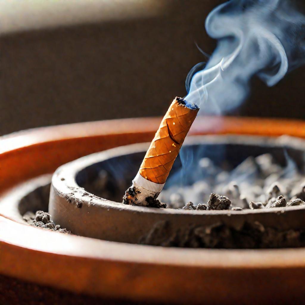 Горящая сигарета в пепельнице