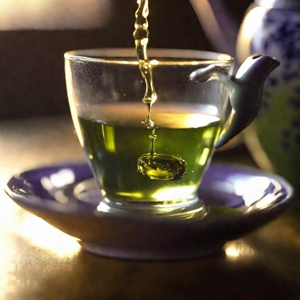 Капля зеленого чая падает в чашку