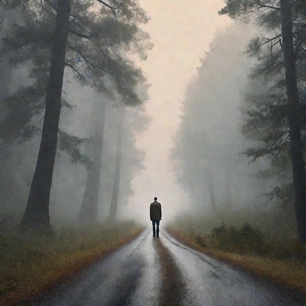Мужчина идет по туманному лесу
