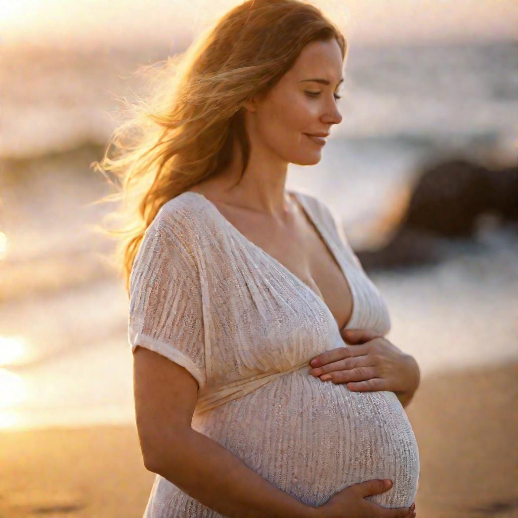 Беременная женщина на фоне морского побережья на рассвете.