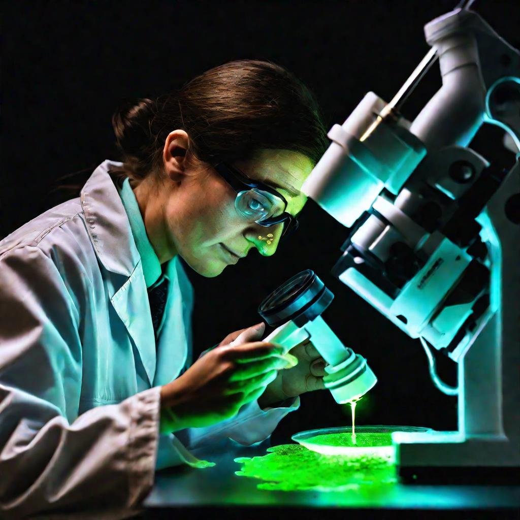 Исследователь изучает светящиеся споры плесени под микроскопом