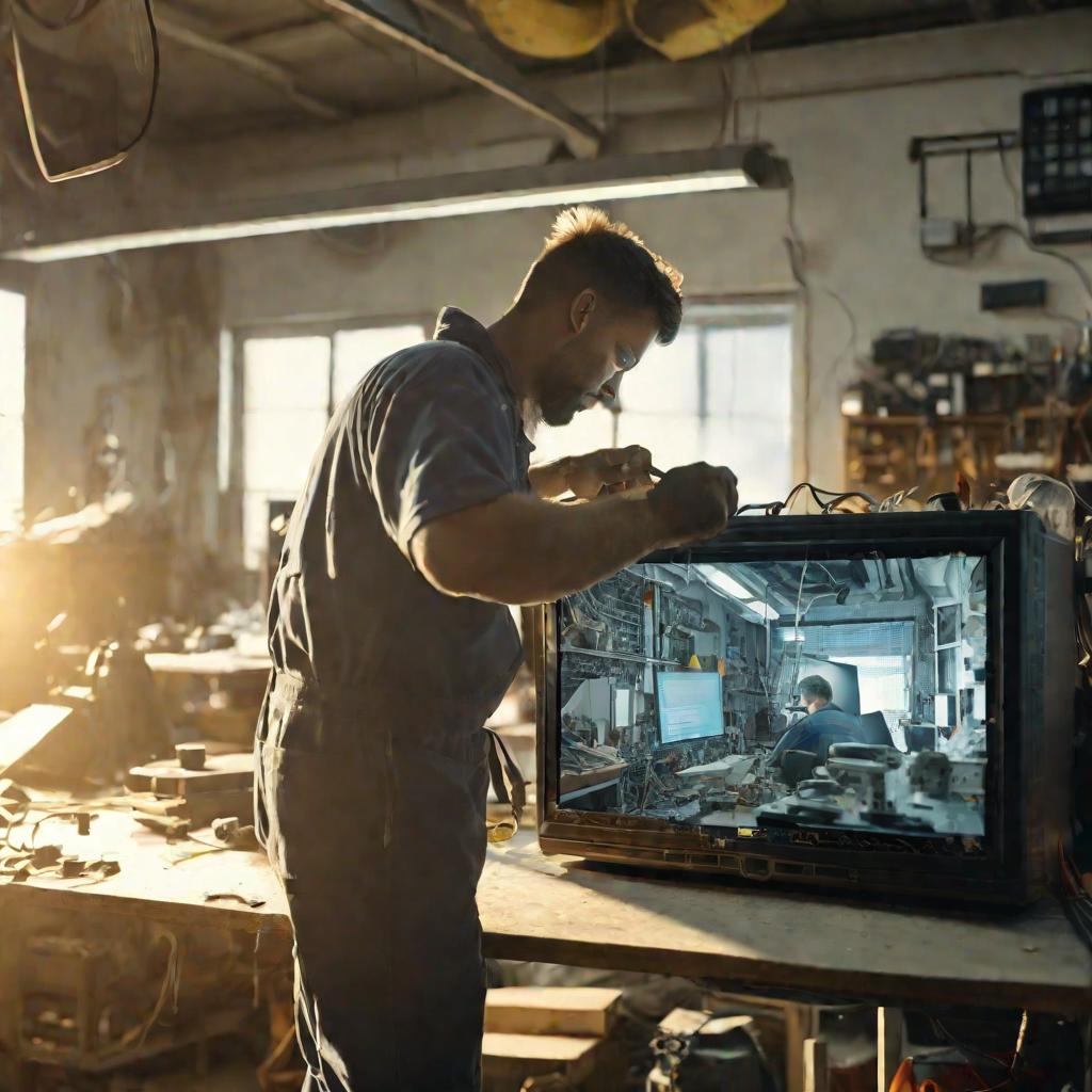 Ремонтник чинит телевизор в мастерской, устраняя битые пиксели