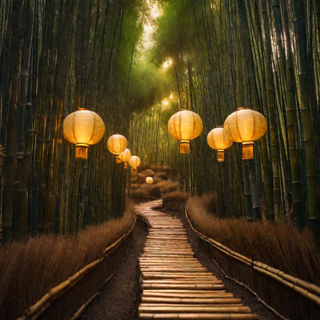 Вечерний снимок «золотого часа» сверху вниз по освещенной фонариками тропинке в густом бамбуковом лесу. Сцена очень атмосферная, с подвешенными бумажными фонариками, тепло светящимися вдоль извилистой тропы. Проникающий сквозь густые бамбуковые стебли рас
