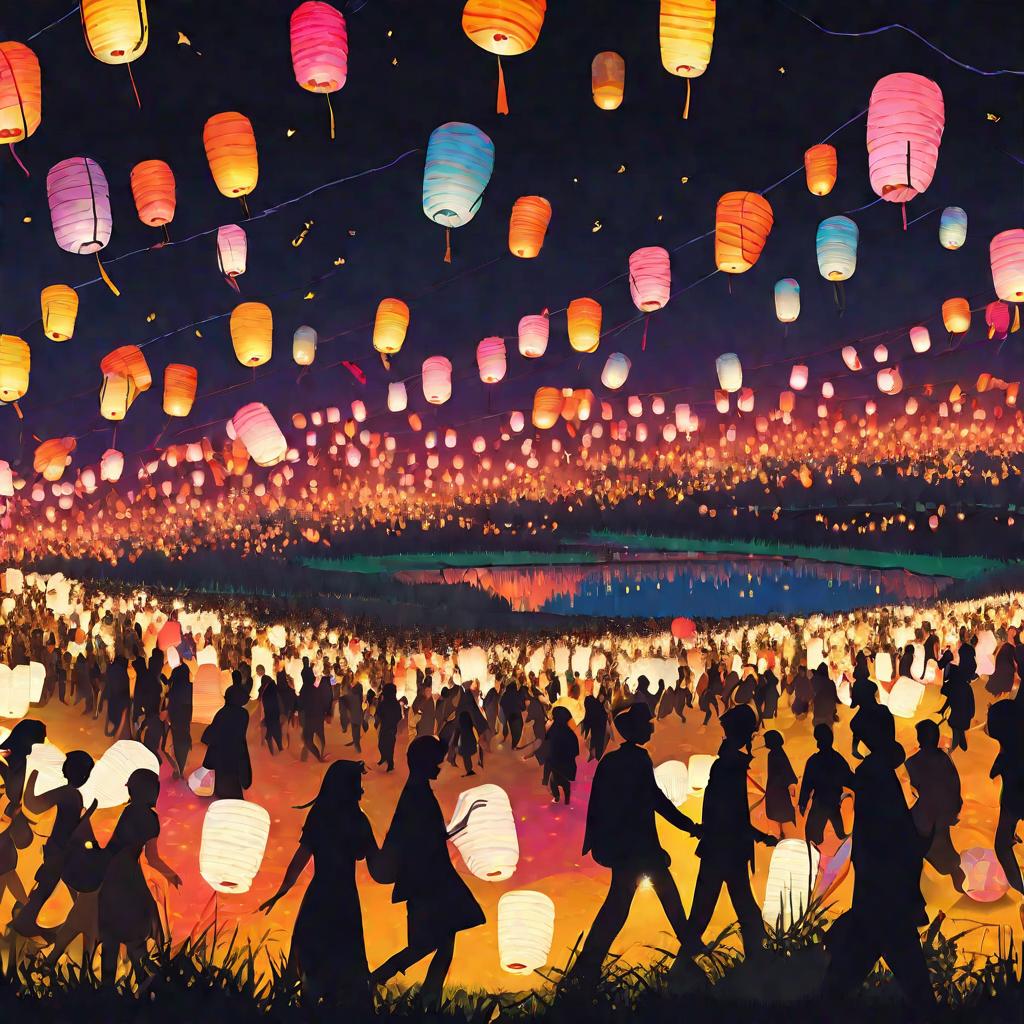 Драматичная ночная сцена фестиваля, демонстрирующая огромное освещенное поле, заполненное тысячами светящихся разноцветных бумажных фонариков. Люди счастливо бродят среди ярких парящих огней. Сцена наполнена яркой волшебной атмосферой.