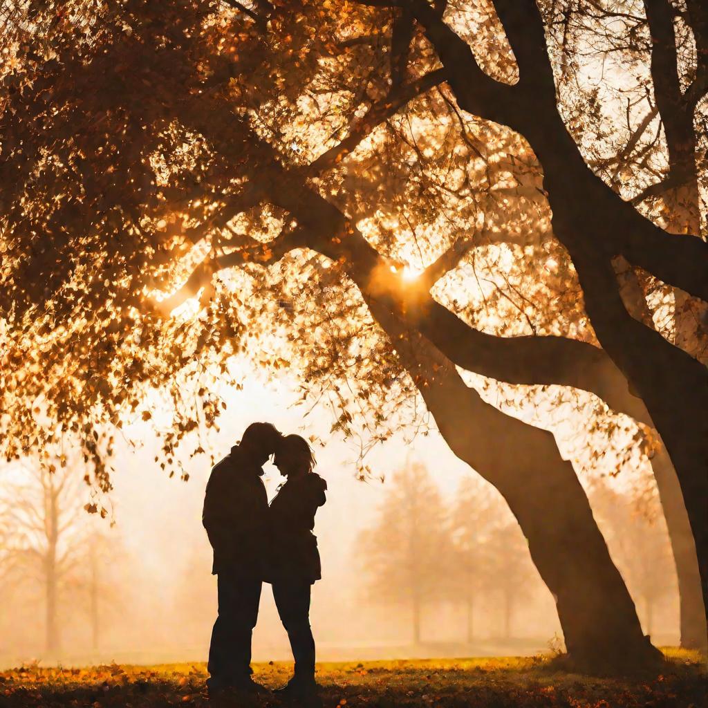 Силуэт пары в парке на закате осенью