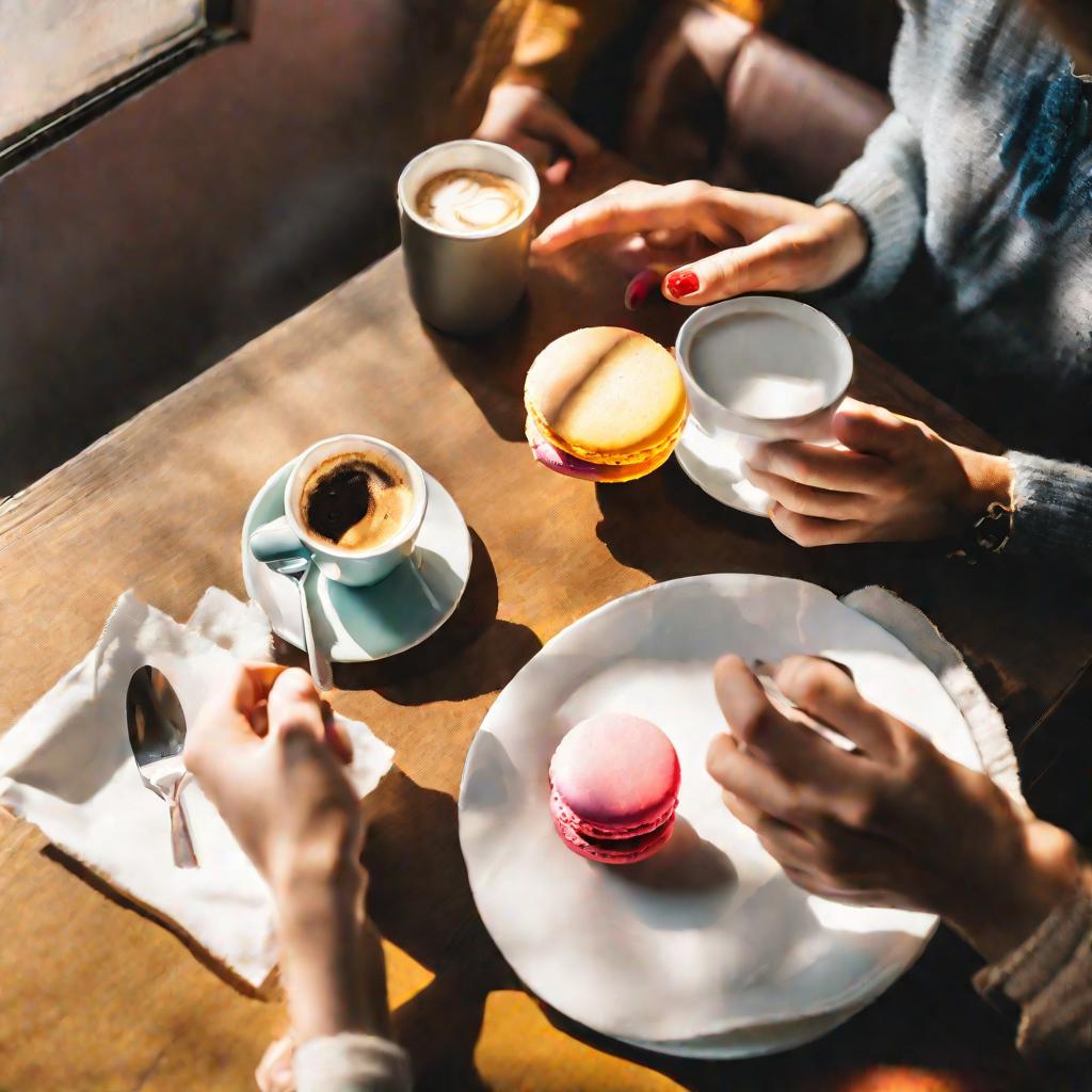 Вид сверху на пару в кафе за столиком с кофе и сладостями