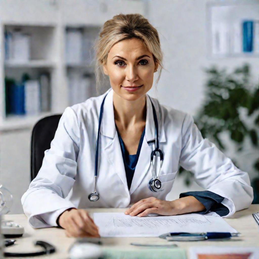 Женщина-врач в белом халате сидит за столом в клинике и объясняет проблемы желудка