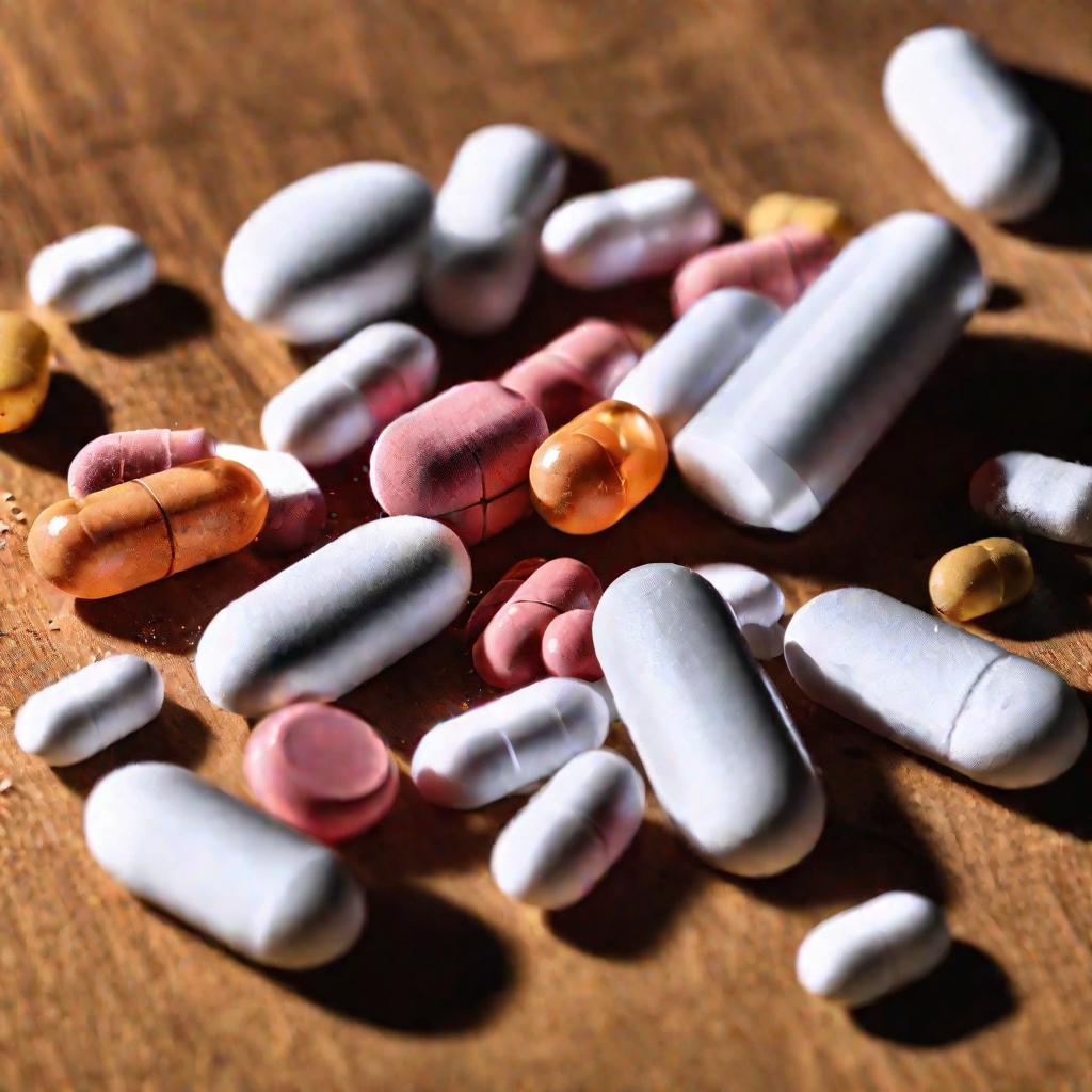 Различные антибиотики в таблетках и капсулах разбросаны по поверхности стола, некоторые из них раскрыты и просыпаются.