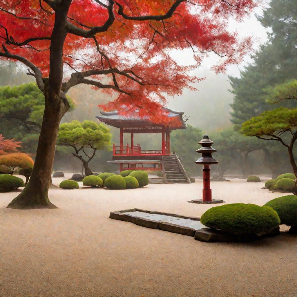 Спокойный сад для медитации в туманное утро осени