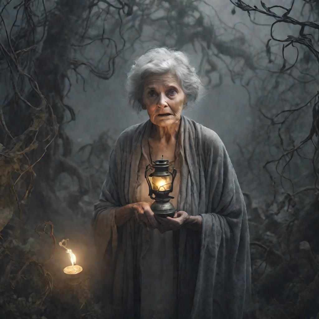 Старушка с лампой бродит среди могил в тумане, что намекает на проклятие