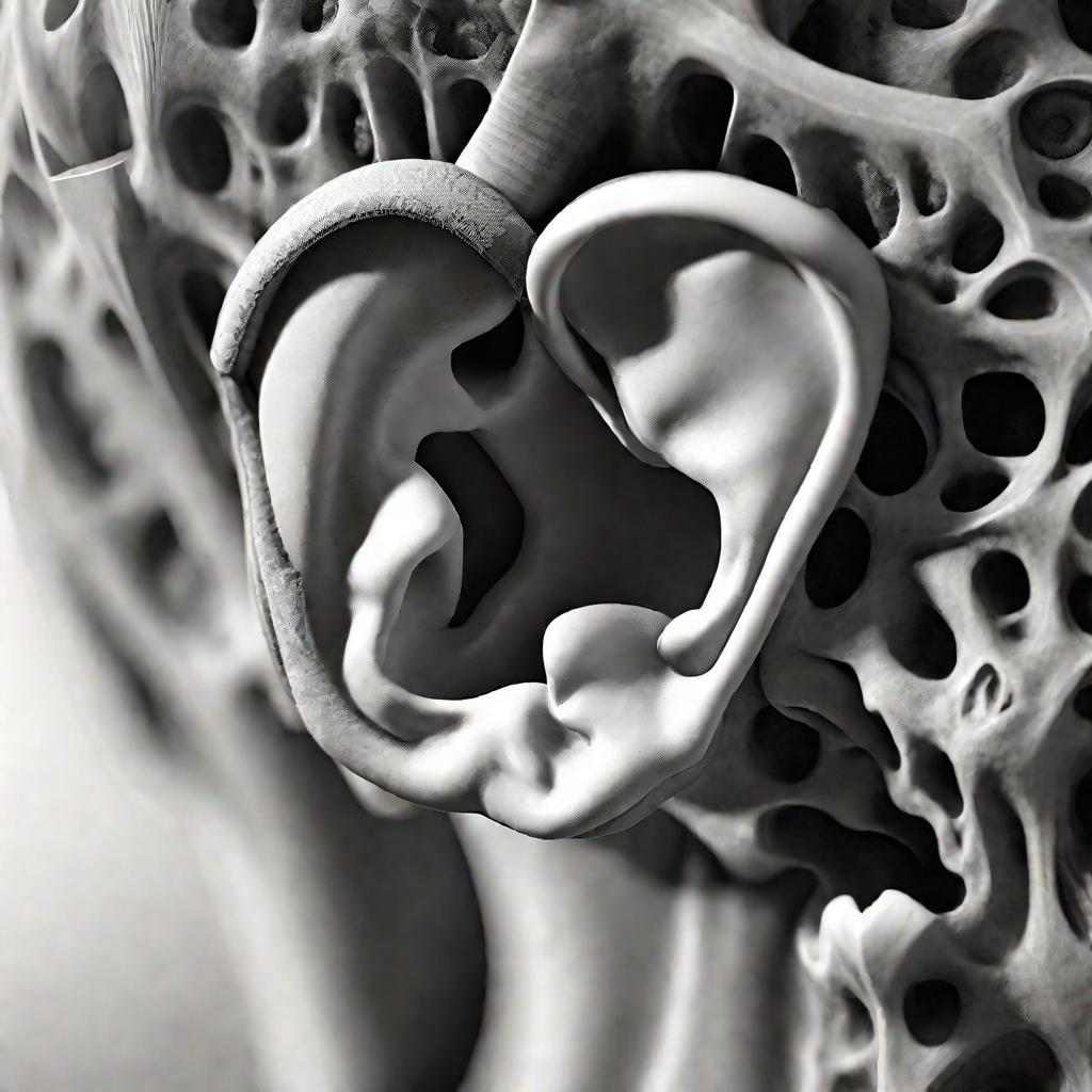 Детальная фотография слухового аппарата среднего уха - барабанная перепонка, слуховые косточки и мышцы, евстахиева труба. Снято с необычного высокого угла, создающего абстрактный вид