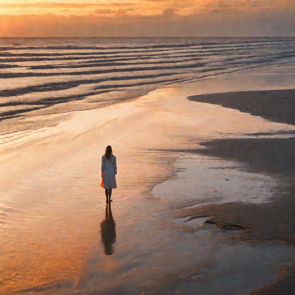 Одинокая женщина идет по пляжу на рассвете