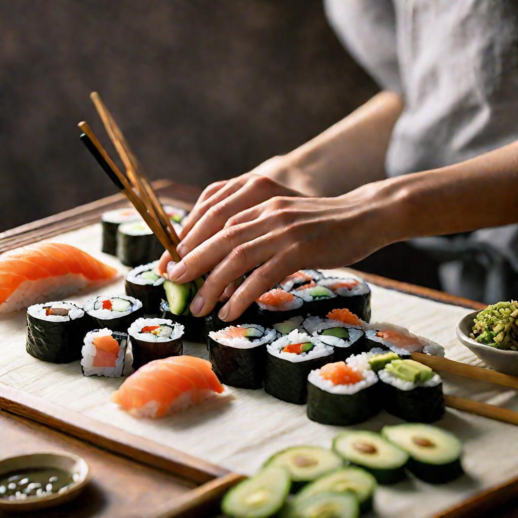 Женские руки аккуратно готовят суши
