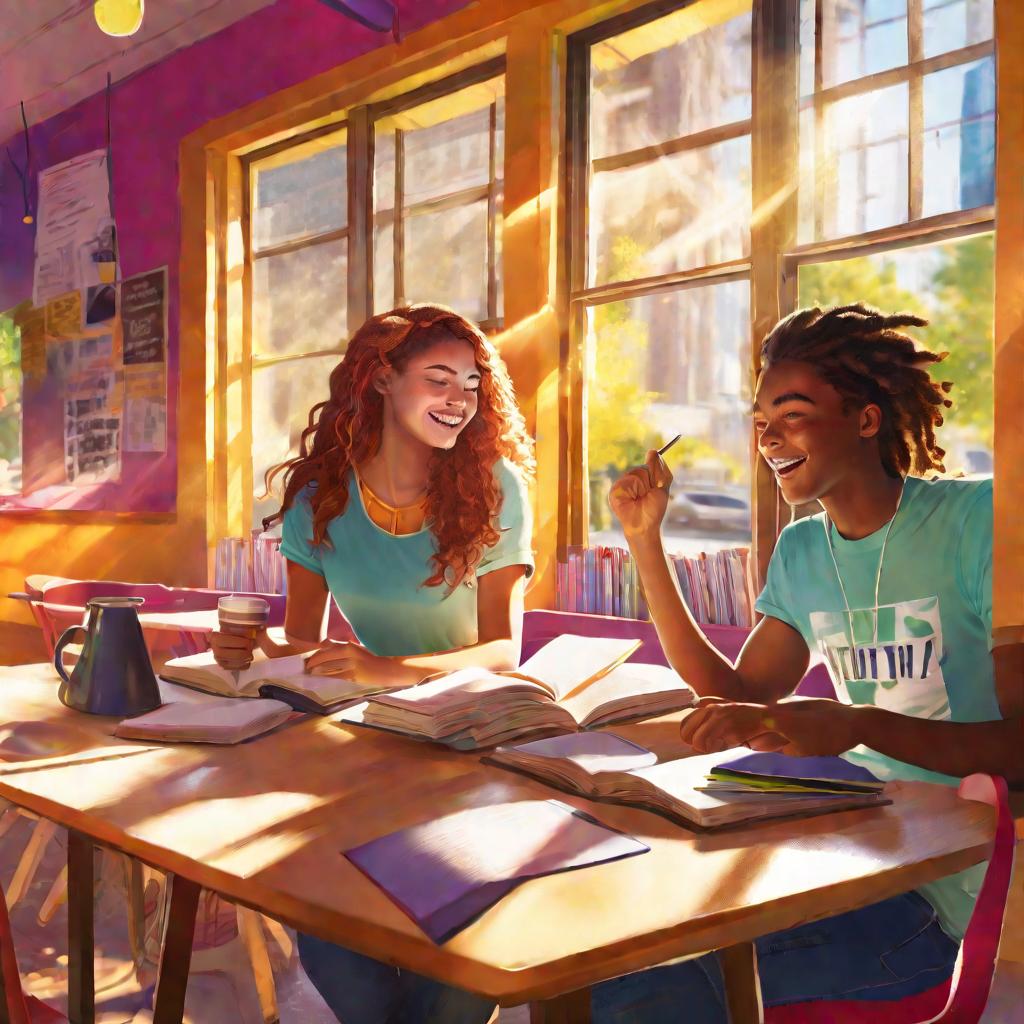 Два школьника с энтузиазмом учатся вместе в кофейне