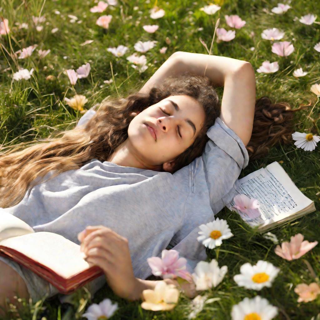 Девушка отдыхает на лужайке после занятий на свежем воздухе