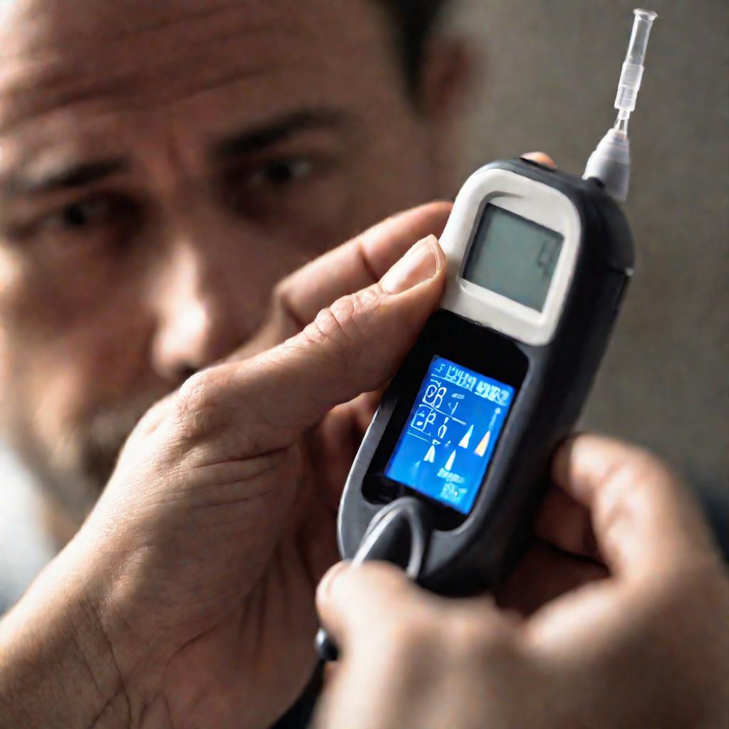 Человек измеряет уровень сахара в крови глюкометром